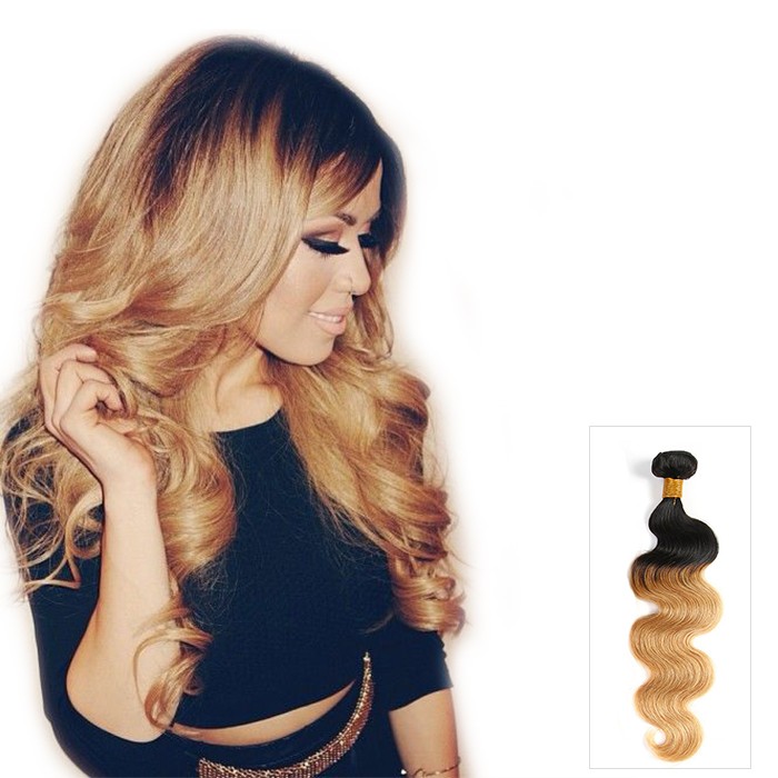 16 Inch Body Wave Ombre Brazilian Remy Hair Weave Two Tone Color (#1B/27) 100g