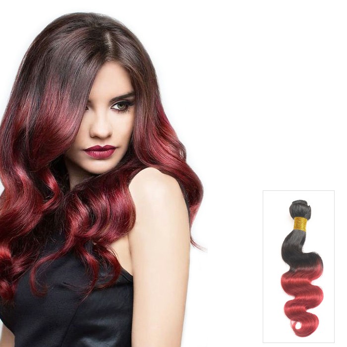 16 Inch Body Wave Ombre Brazilian Remy Hair Weave Two Tone Color (#1B/Burgundy) 100g