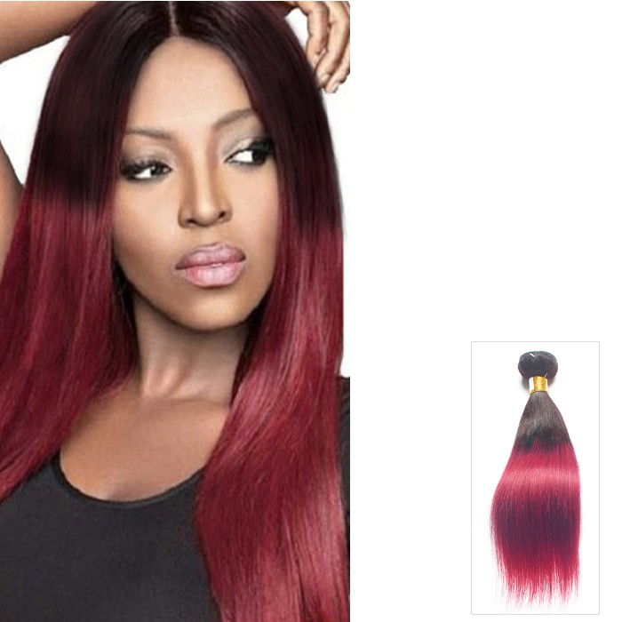 16 Inch Straight Ombre Brazilian Remy Hair Weave Two Tone Color (#1B/Burgundy) 100g